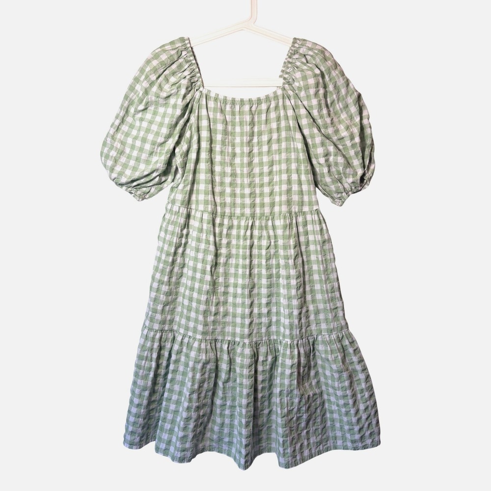F&F Green White Gingham Tiered Dress Puff Sleeve Square‎ Neck Cotton US 8 UK 12